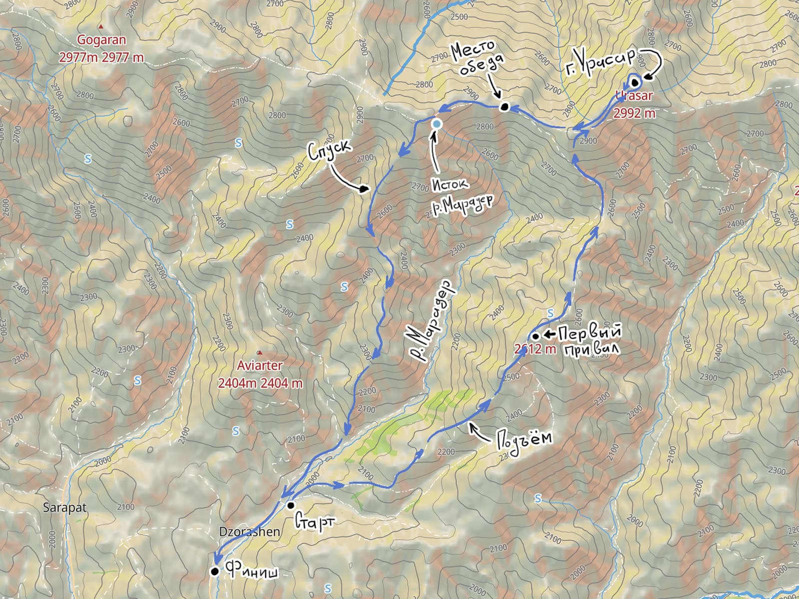 Карта похода изДзорашена нагору Урасар